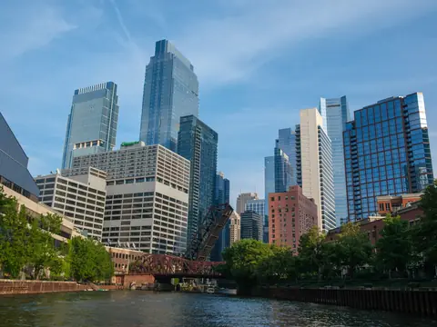 Downtown Chicago towers above the river and trees on a clear day