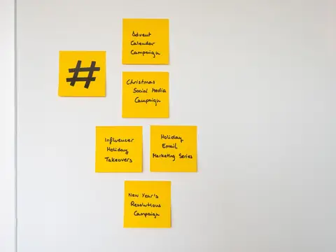 Yellow sticky notes with campaign ideas on a white wall