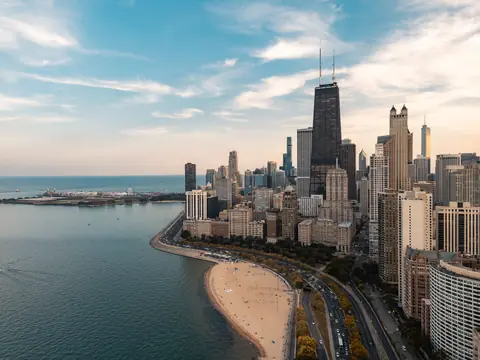 The Near North Side skyline and the lakefront beach from above